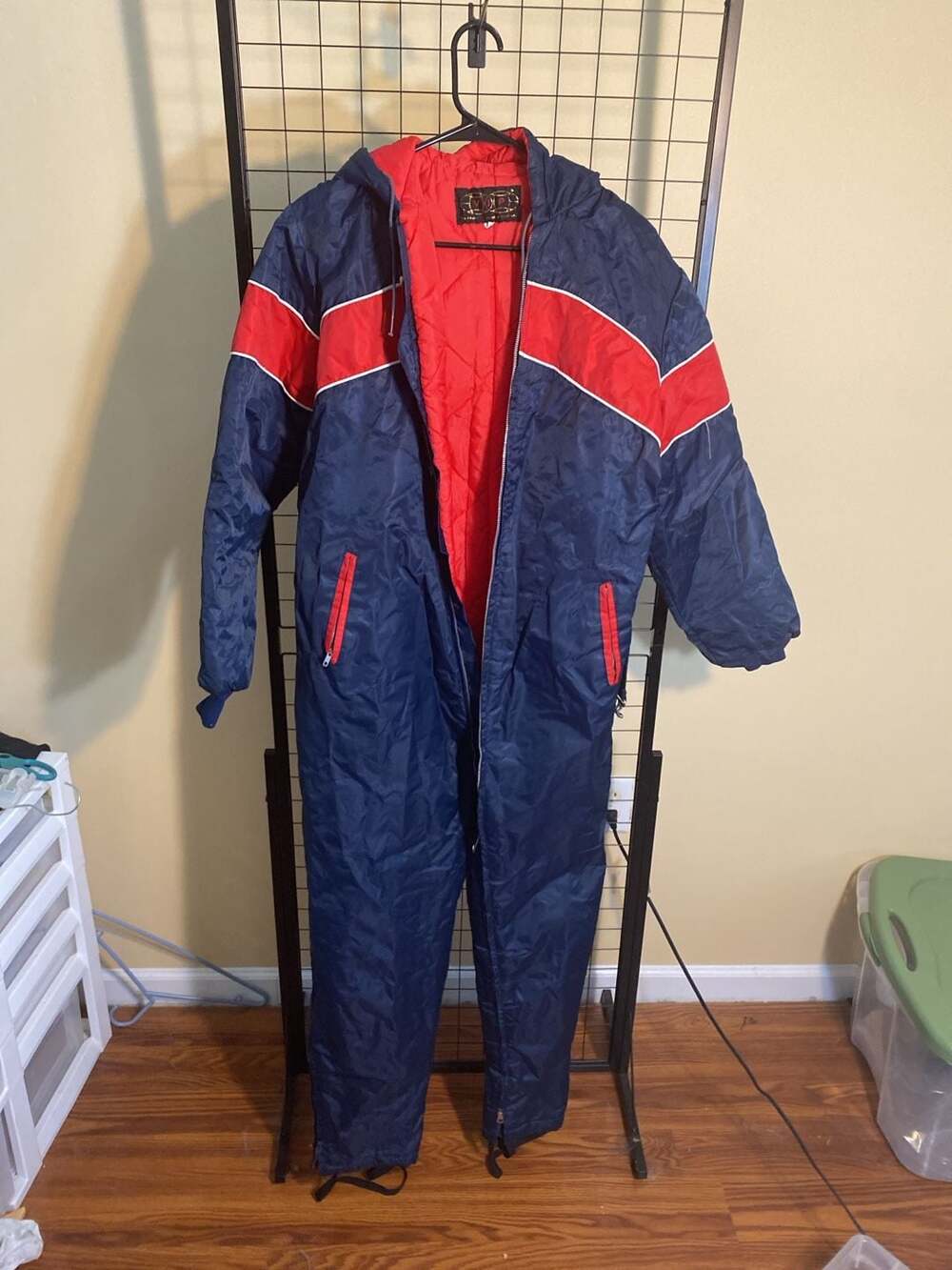 VIP Vintage Ski Suit Size 18 Blue Red Hooded Quilted One Piece Snowsuit